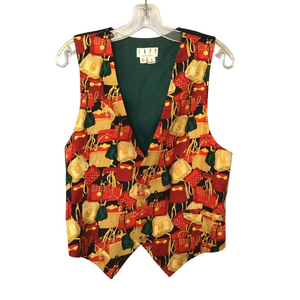 Tapp Vintage 100% Silk Purse Print Vest Small Red Gold Chain